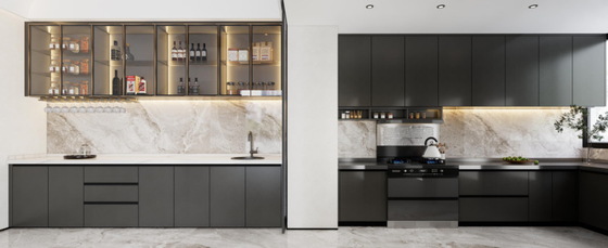U Shaped Kitchen Units With Matte Black Finish And Dark Stainless Steel Countertop
