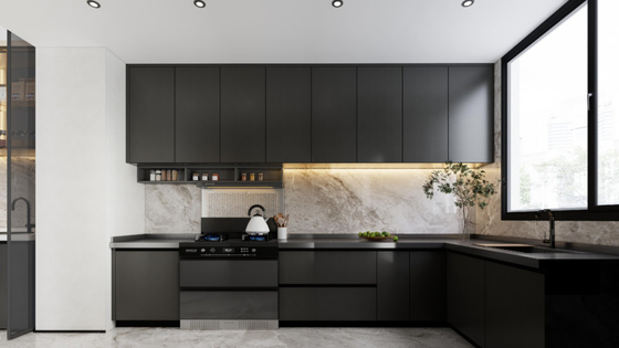 U Shaped Kitchen Units With Matte Black Finish And Dark Stainless Steel Countertop