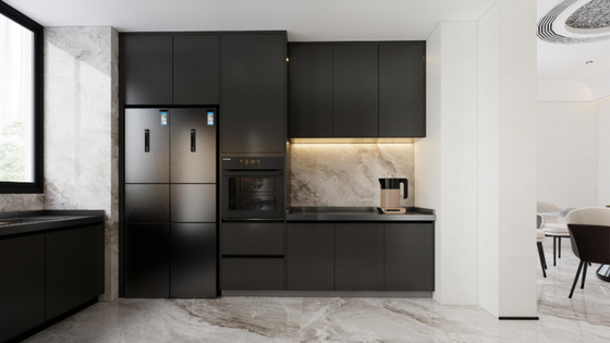 U Shaped Kitchen Units With Matte Black Finish And Dark Stainless Steel Countertop