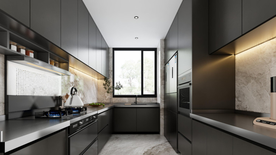 U Shaped Kitchen Units With Matte Black Finish And Dark Stainless Steel Countertop