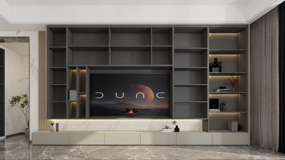 Custom Made TV Cabinet Solutions With Functional Storage And Off-White Almond Color