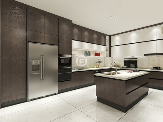 Modern Dark Wood Texture Stainless Steel Kitchen Cabinets With Contrasting Colors Design