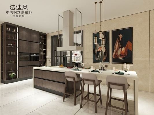 Modern Dark Wood Texture Stainless Steel Kitchen Cabinets With Contrasting Colors Design