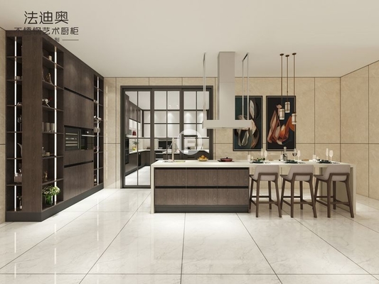 Modern Dark Wood Texture Stainless Steel Kitchen Cabinets With Contrasting Colors Design