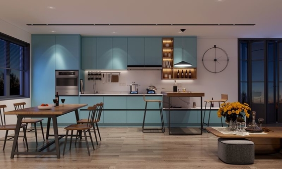 Kabinet Dapur Bergaya Eropa yang Sehat Dengan Desain Elegan Dan Pintu Biru Danau Berani