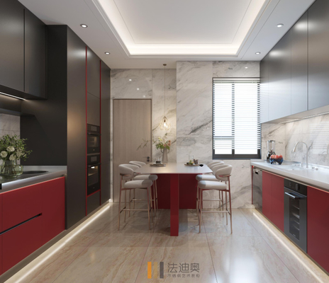 Garis Minimalis Dapur Modern Kabinet Di Merah Dan Hitam Dengan Meja yang Ditingkatkan