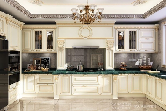 Lemari dapur custom stainless steel yang mewah dan halus dengan meja marmer hijau dalam dan pintu yang mudah ditutup