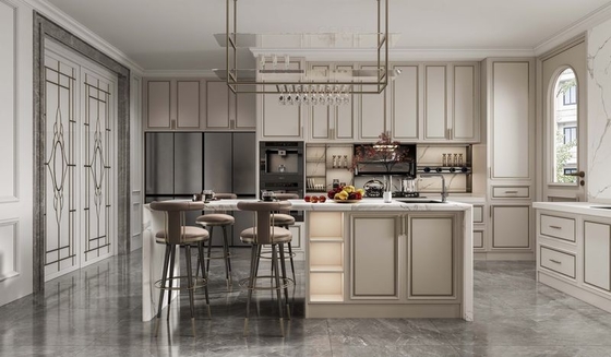 Canggih elegan Beige Modern Dapur Lemari Dengan mewah Putih Marmer Stainless Steel