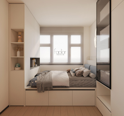 OEM Beige Tatami Storage Bed Dengan Curved Edge Stainless Steel Corner Wardrobe