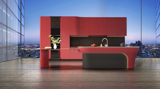 Lemari Dapur Baja Ringan Merah Modern dengan Meja Solid SS