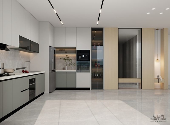 L-Shaped Layout Lemari dapur modern stainless steel dengan Quartz Island fungsional