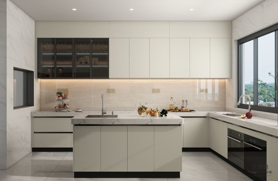 Kabinet dapur berbentuk U dengan desain terintegrasi dengan mulus