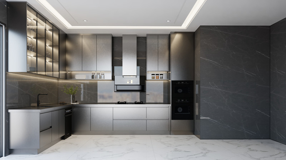 Lemari dapur Fadior Matte Black stainless steel dengan pencahayaan lingkungan di bawah lemari