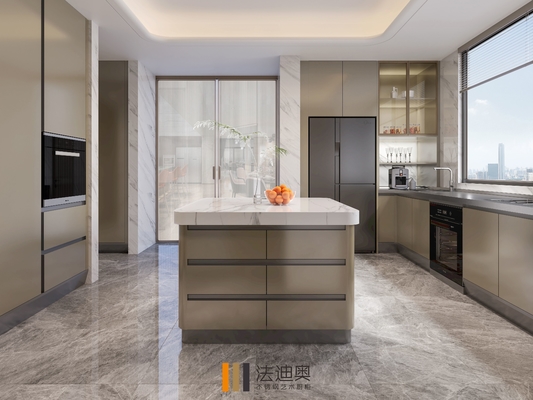 Kabinet dapur modern lengkap dengan Mica Brown Finish dan Central Square Island