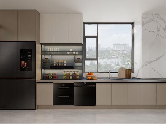 Kabinet dapur berbentuk U dengan desain terintegrasi dengan mulus