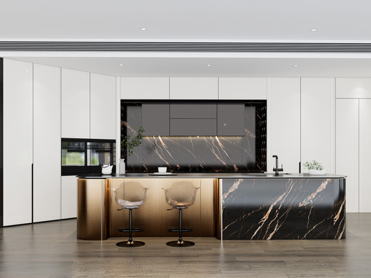 Luxury SS Modern Kitchen Cabinet Dengan Multifungsi Curved Metallic Gold Island